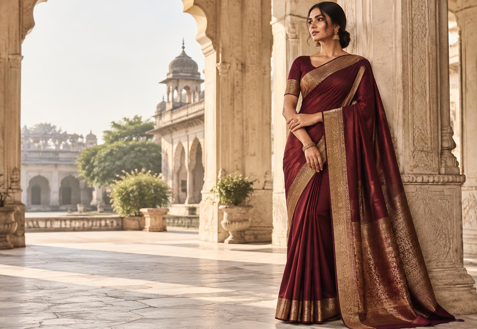 Woman wearing a wine saree in a heritage courtyard